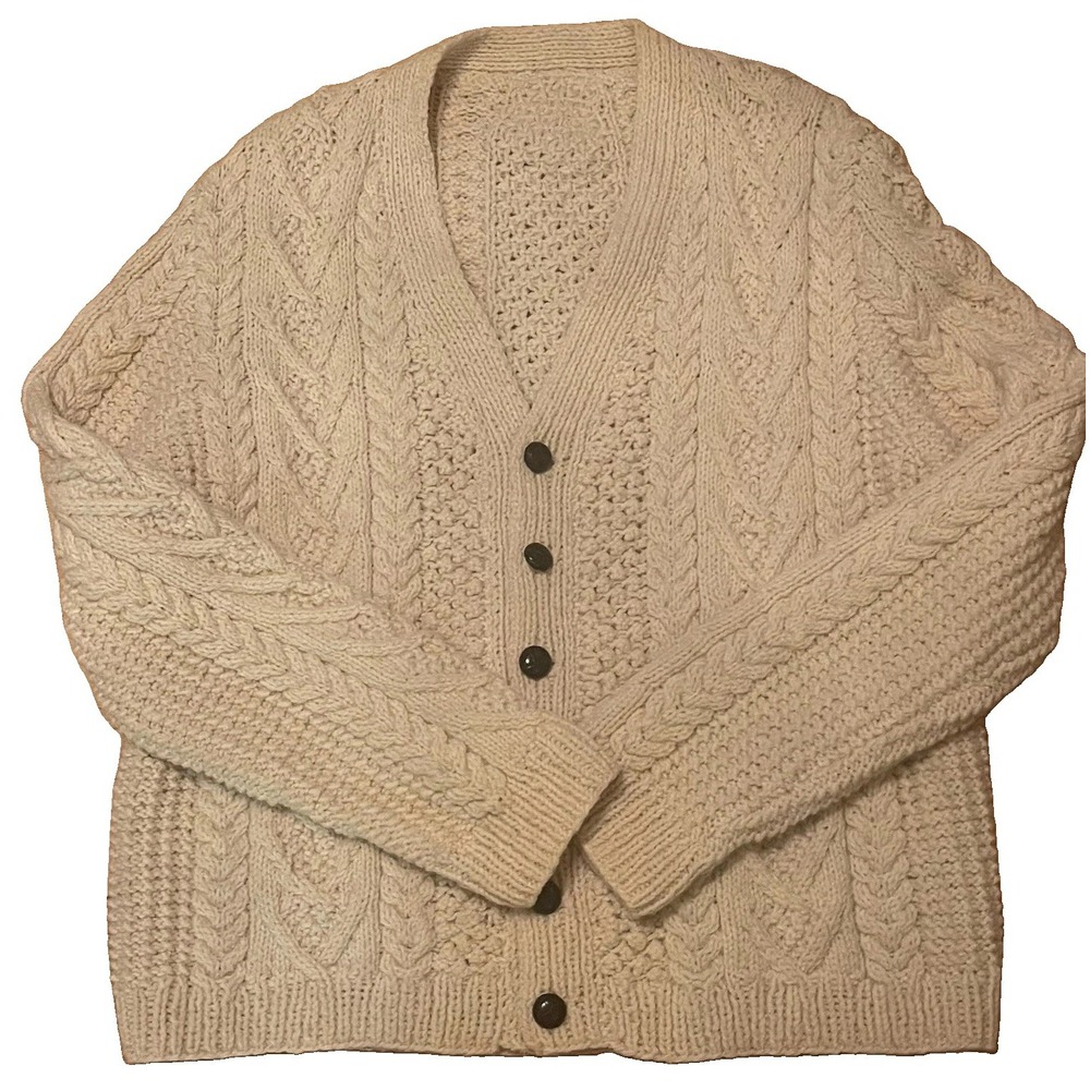 Vintage Fisherman Cable Knit Cardigan Sweater Cream Wool Men XL Heavy 26x29